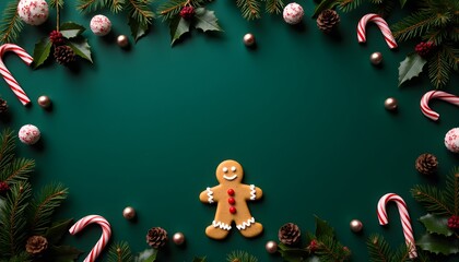 Festive Gingerbread Cookie Surrounded by Holiday Decorations and Green Background