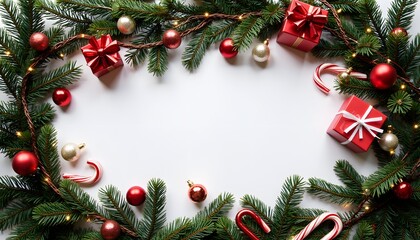 Festive Christmas Decoration with Gifts, Ornaments, and Evergreen Branches on White Background