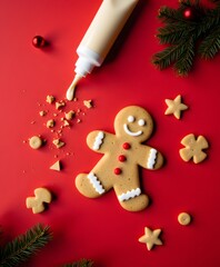 Festive Gingerbread Cookie with Icing on a Red Background Surrounded by Decorations