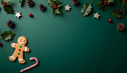 Festive Gingerbread Man with Candy Cane and Holiday Decorations on Green Background