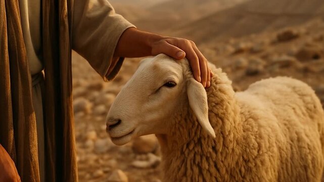 A shepherd's hand gently petting a sheep in a desert landscape. Biblical scene representing Jesus as the Good Shepherd and his flock. Concept of faith and christianity