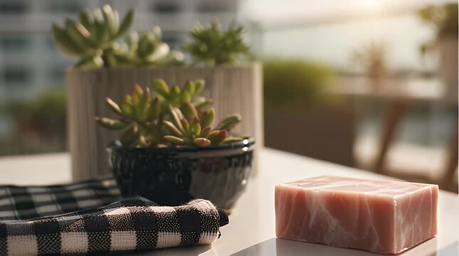 A succulent arrangement sits on a white table with a checkered cloth. A marbled soap bar rests nearby, with sunlight