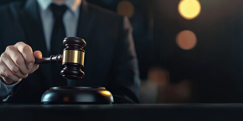 Judge's hand holding a wooden gavel above a sound block, symbolizing justice, law, and court decisions. Copy space available