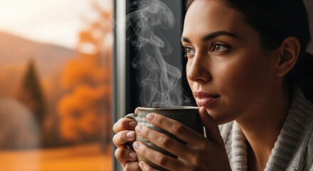 Contemplative woman enjoying warm beverage with a scenic autumn backdrop