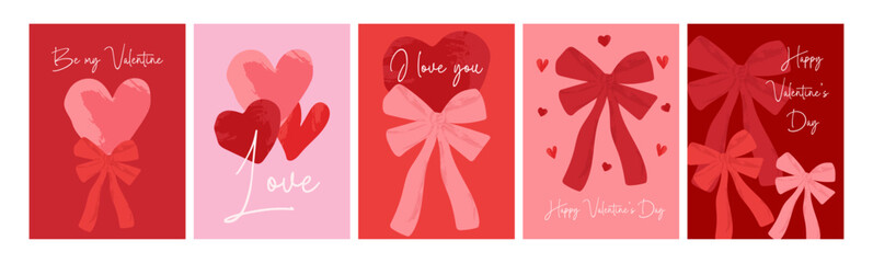 A set of five Valentine's Day greeting card designs featuring hearts and bows. The concept of love and romance sets the festive mood.