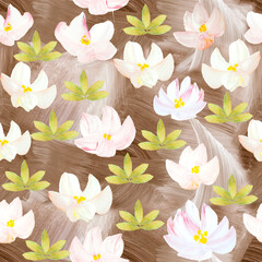 Seamless pattern of abstract white flowers. Original hand drawn, impressionism style, art painting, creative hand painted background, brush texture, acrylic.