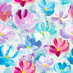 Seamless pattern of abstract blue and pink flowers, original hand drawn, impressionism style, color texture, brush strokes of paint