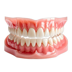 Obraz premium A close-up view of a dental teaching model showcasing a full set of white teeth and pink gums against a black background.