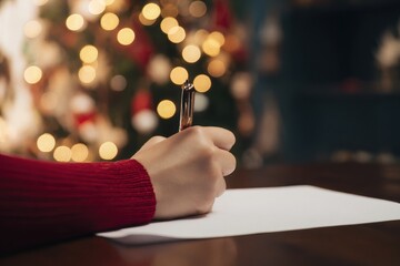 Woman hand writing a letter by a Christmas tree in a cozy setting