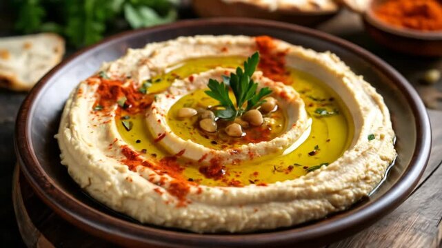 A close-up shot of hummus in a brown bowl, drizzled with olive oil and spices, garnished with parsley