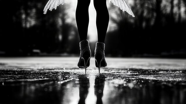 Glamorous high heels featuring glittery wings stand on a reflective surface, creating an intriguing contrast that symbolizes beauty, style, and artistic whimsy in an elegant composition.