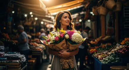 Elegant woman with flower bouquets strolls through vibrant traditional market scene