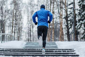 Man actively jogging uphill on snow covered steps in a cold winter park, showing determination and healthy lifestyle