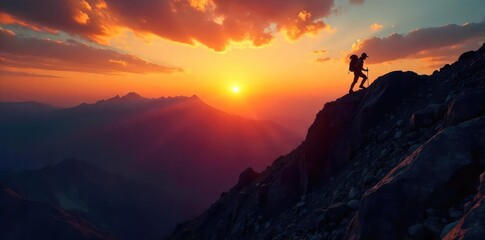 A lone hiker ascends a challenging mountain peak, silhouetted against a breathtaking sunrise The rocky terrain and rugged landscape showcase the difficulty and beauty of the climb , vista, nature