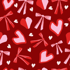 Seamless pattern with festive ribbons, hearts, and decorative elements. Valentine's Day background for greeting cards, gift wrapping, and fabric prints.