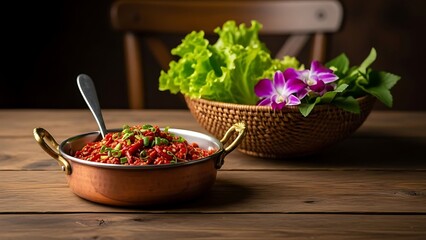 Spicy Red Dish in Copper Bowl with Lettuce and Orchids in Wicker Basket spicy food