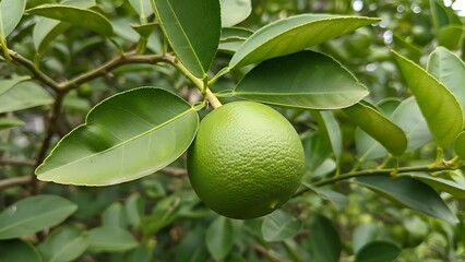 Single Green Lime Hanging from a Branch with Lush Leaves fruit citrus