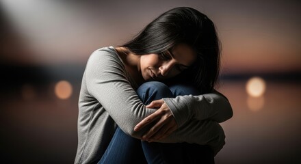 Portrait of a Young Woman Embracing Knees in Solitude: Exploring Despair and Reflection
