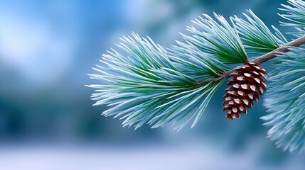 Close-up of a pine branch with a pinecone, set against a blurred blue background, creating a wintery atmosphere.