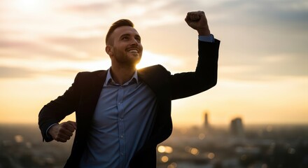 Victorious entrepreneur celebrates achieving targets against urban skyline backdrop