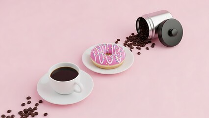 Sweet Pink Frosted Donut and Coffee with Scattered Beans on Pastel Pink Background