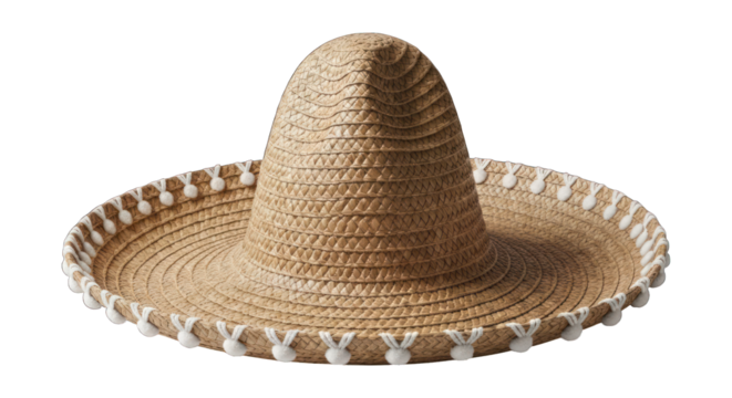 Straw sombrero with white pom-poms isolated on black background, front view
