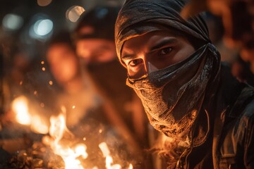 Young Palestinian man in a masked gathering holding fire in a tense night scene