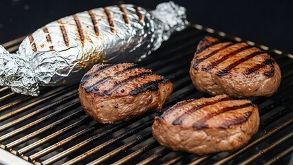 Three Grilled Steaks and Foil Wrapped Potato on Barbecue Grill image (16