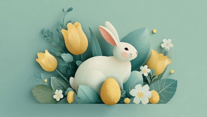 Whimsical easter bunny with tulips and eggs for spring celebration design