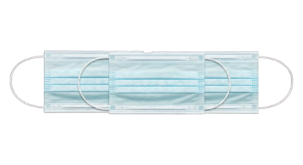 Three blue surgical masks neatly stacked, seen from above, isolated on black