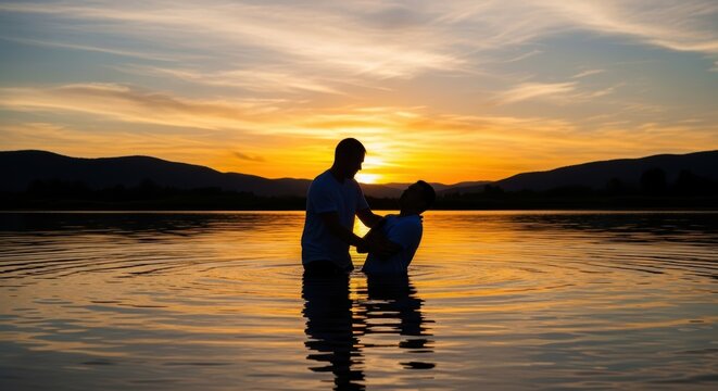 Baptismal immersion rite performed at sunset in a tranquil lake environment