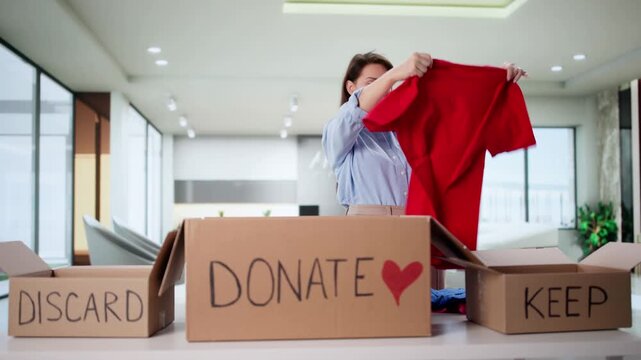 Wardrobe Decluttering: Woman Cleans, Sorts