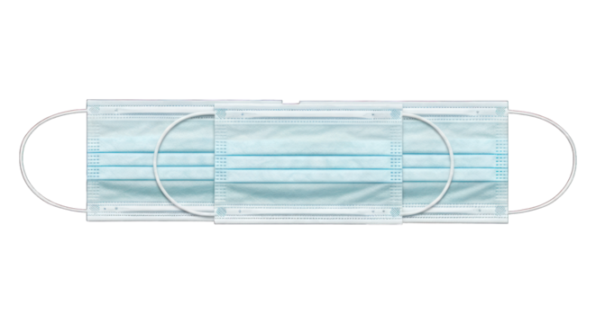 Three blue surgical masks neatly stacked, seen from above, isolated on black