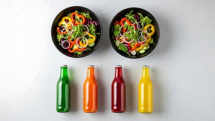 Vibrant Fresh Salads and Colorful Juice Bottles Arranged on a White Surface vegetable salad