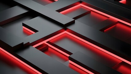 Abstract geometric background with red neon lights and dark gray elements