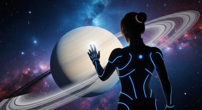 Futuristic voyager interacting with a cosmic anomaly near a ringed planet