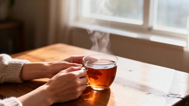Hands holding a steaming cup of tea, window light illuminating table, cozy indoor scene, perfect for world introvert day