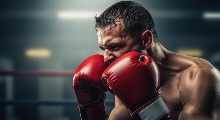 Intense boxer in a defensive stance with focused determination and bright red gloves