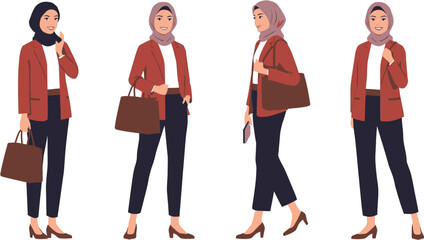 Fototapeta premium An illustrated depiction of a stylish Muslim woman in various poses, wearing a hijab, blazer, and carrying a bag, showcasing modern fashion.