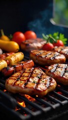 A sizzling array of grilled meats and vegetables on a hot grill, displaying delicious char marks and vibrant colors Perfect for summer cookouts and BBQs , backyard, feast, grilling tools