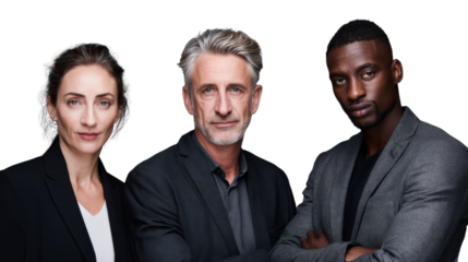 Professional Trio: Portrait of three accomplished professionals, exuding confidence and expertise. The trio, each with their own unique background, stand together, ready to lead with distinction.