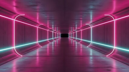 Futuristic neon tunnel with glowing rectangles in pink and cyan