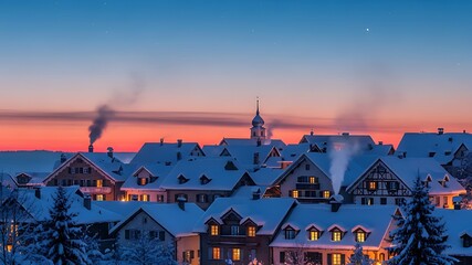 Snow-covered village at dusk