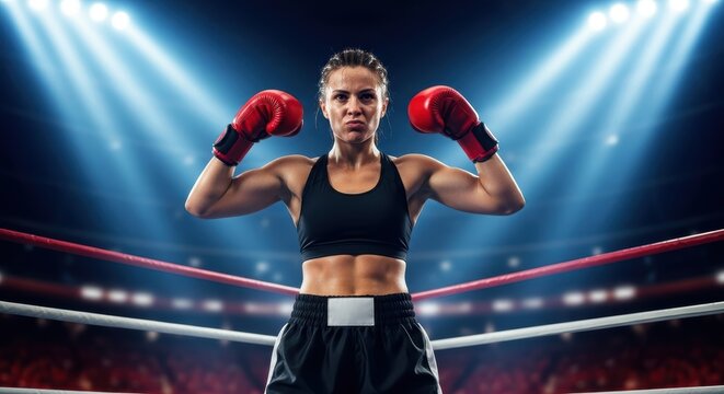 Determined female boxer stands ready in the ring under bright arena lights, exhibiting strength - Powered by Adobe