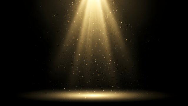 Golden light beam with dust particles shining down on dark background
