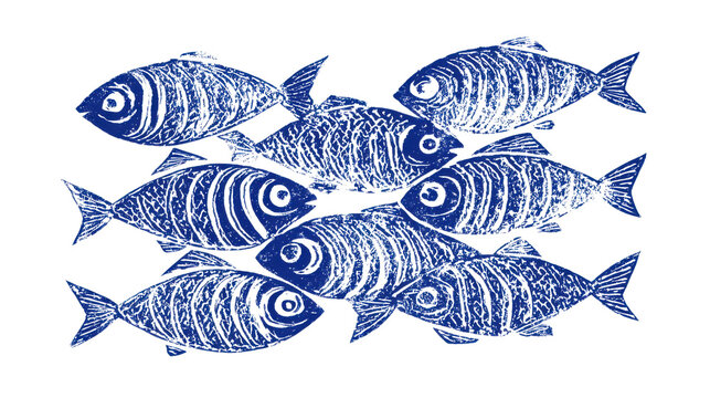 Aquatic harmony: A captivating illustration featuring several fish gracefully swimming together. Their textured blue bodies create a beautiful display of underwater unity. 