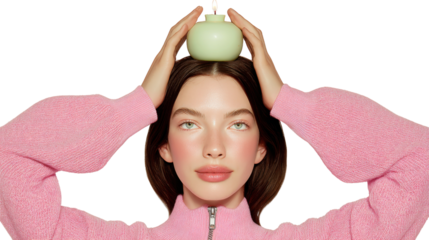 Serene Reflection: A woman cradles a decorative candle, embodying a sense of tranquility. The image focuses on peacefulness, calm, and beauty.