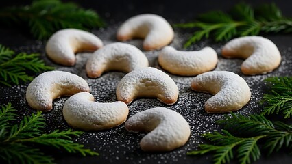 Crescent Shaped Cookies Dusted with Powdered Sugar and Fir Branches moon shape icing sugar