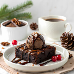 Decadent Chocolate Brownie with Hot Fudge on White Background, Winter Dessert Style