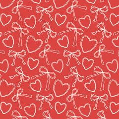 Seamless pattern with white outline hearts and bows on a red background. Valentine's Day concept, love, and romantic design.